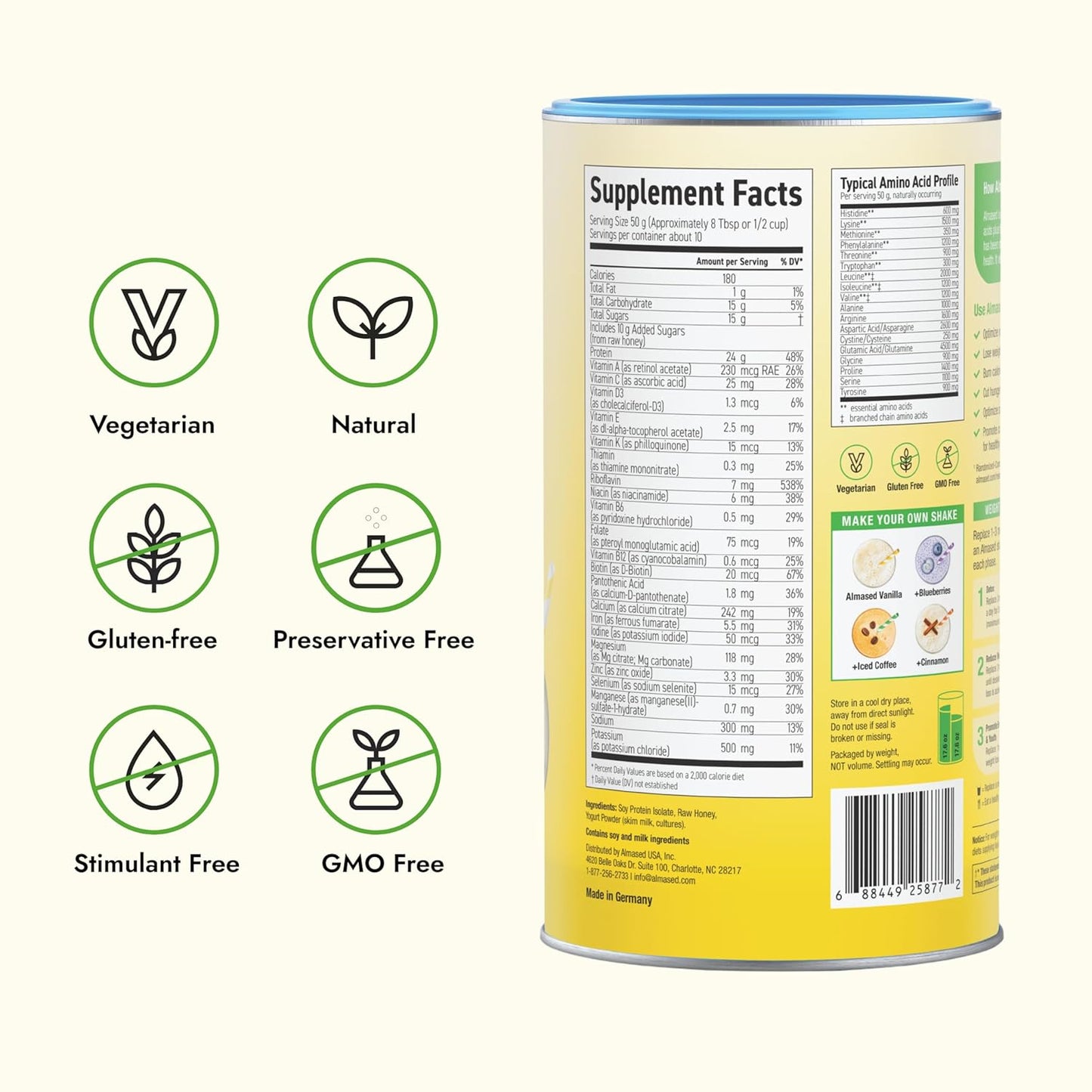 Almased Vanilla Meal Replacement Shake - Low-Glycemic High Plant Base Protein Powder- Nutritional Weight Health Support Supplement - Vanilla Flavor - 17.6 oz (1.1 Pound (1 Pack))